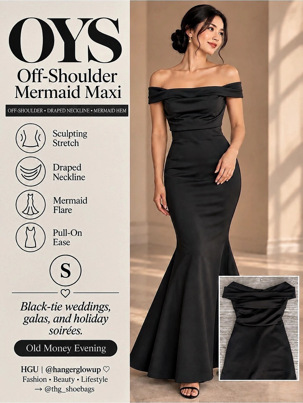 OYS Black Off Shoulder Mermaid Maxi Dress Scuba Formal Gown S NWOT